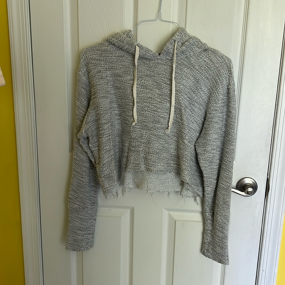 Heather, white and gray cropped knit hoodie with unfinished edge